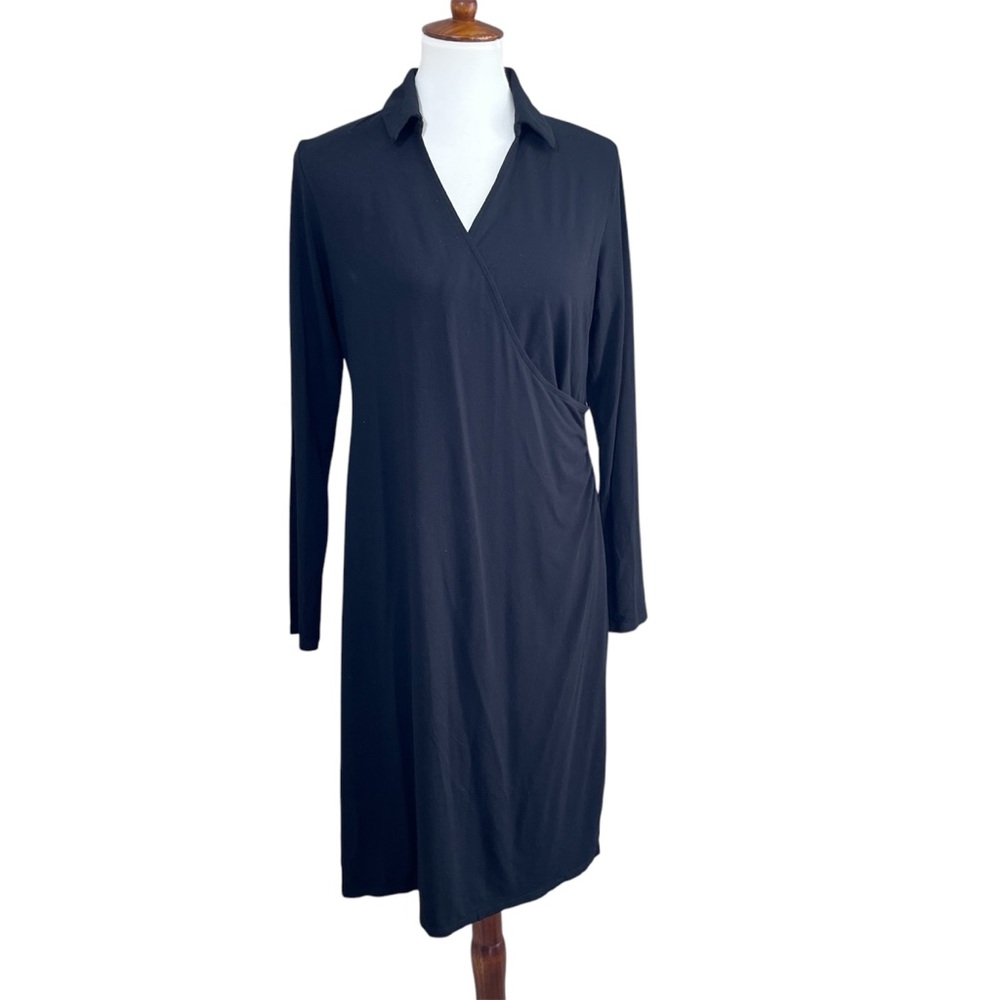 J. Jill Wearever Black Faux Wrap Dress Medium Long Sleeve Knit Stretch